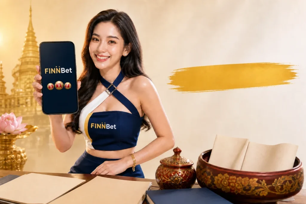 นางแบบไทยถือโทรศัพท์แสดง FINNBet พร้อมปฏิทินหวยลาว